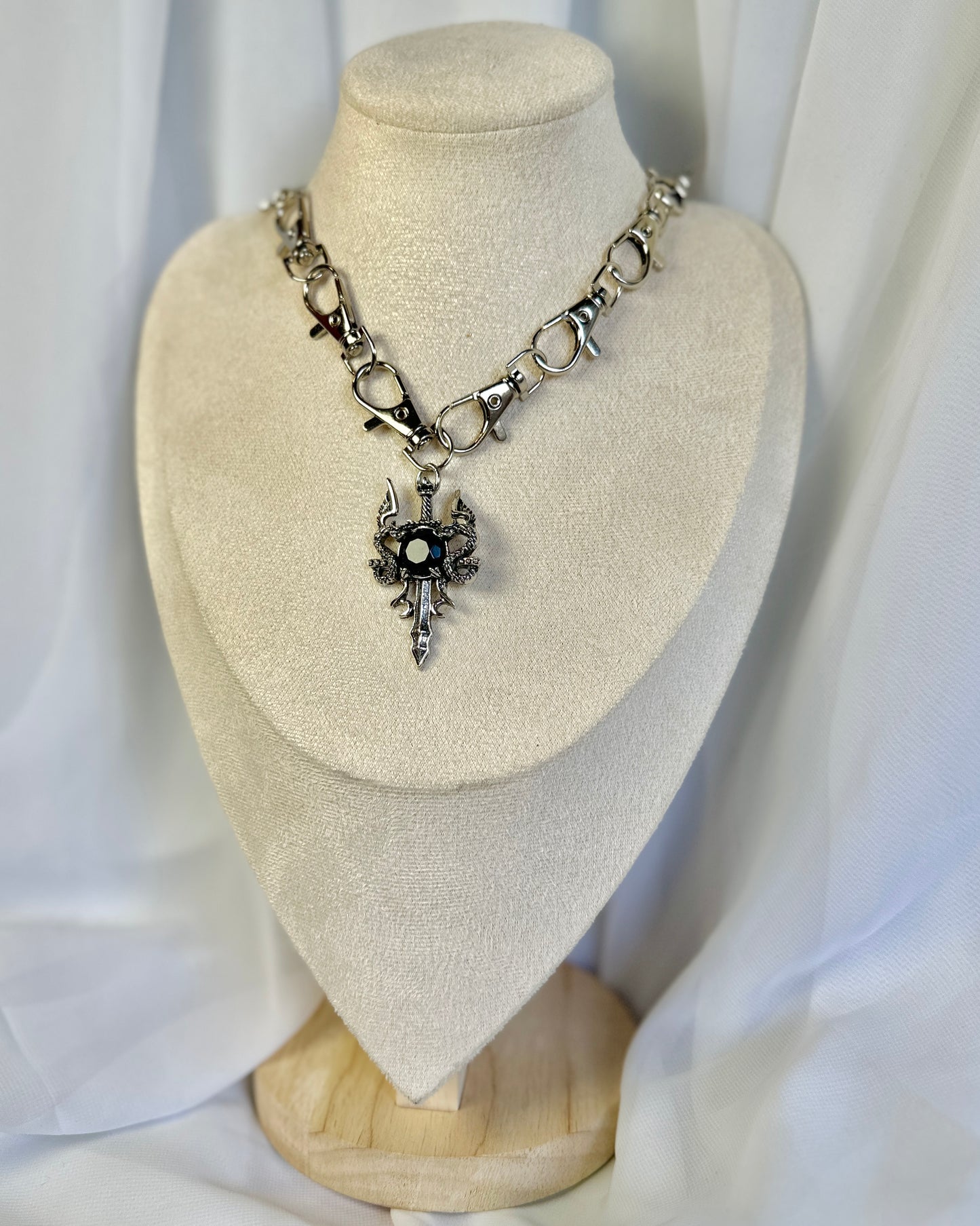 Silver Gothic Metal Clasp Choker Necklace - Dragon Sword