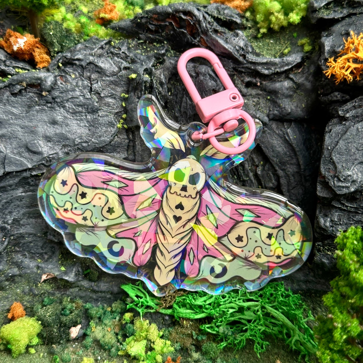 Pastel Death Moth Holographic Keychain