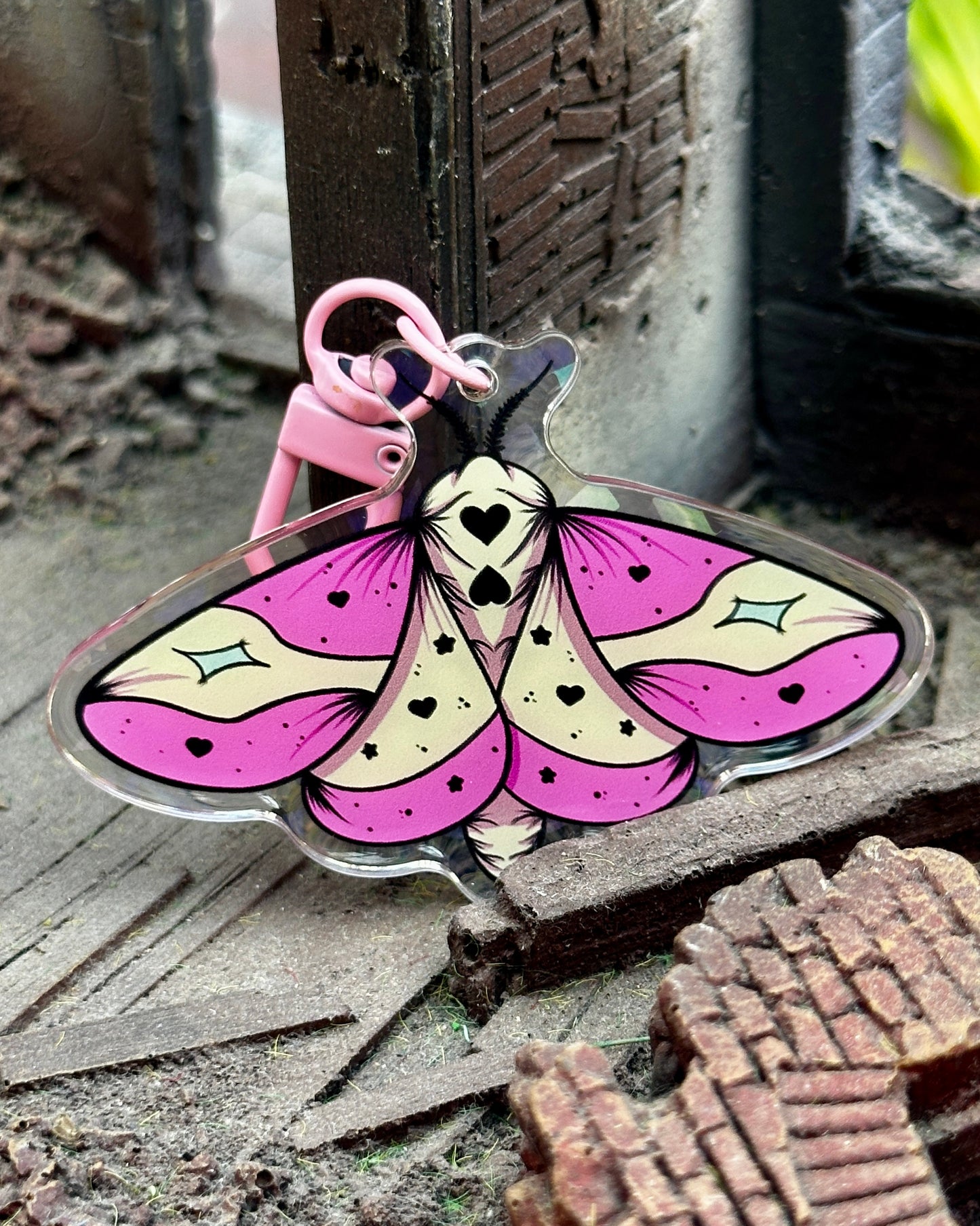 Pastel Rosy Maple Moth Holographic Keychain