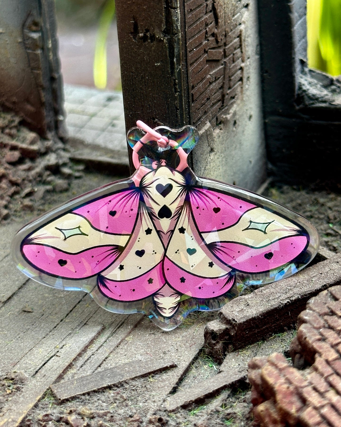 Pastel Rosy Maple Moth Holographic Keychain