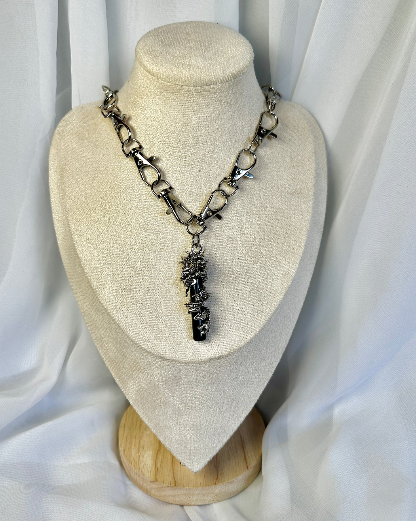 Silver Gothic Metal Clasp Choker Necklace - Chinese Dragon