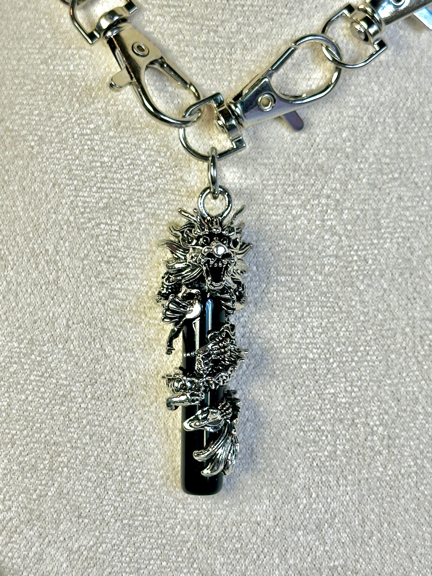 Silver Gothic Metal Clasp Choker Necklace - Chinese Dragon