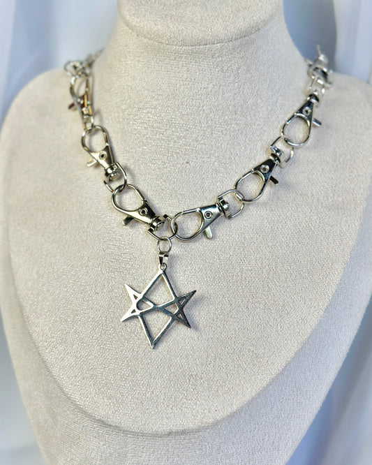Silver Gothic Metal Clasp Choker Necklace - Unicursal Hexagram