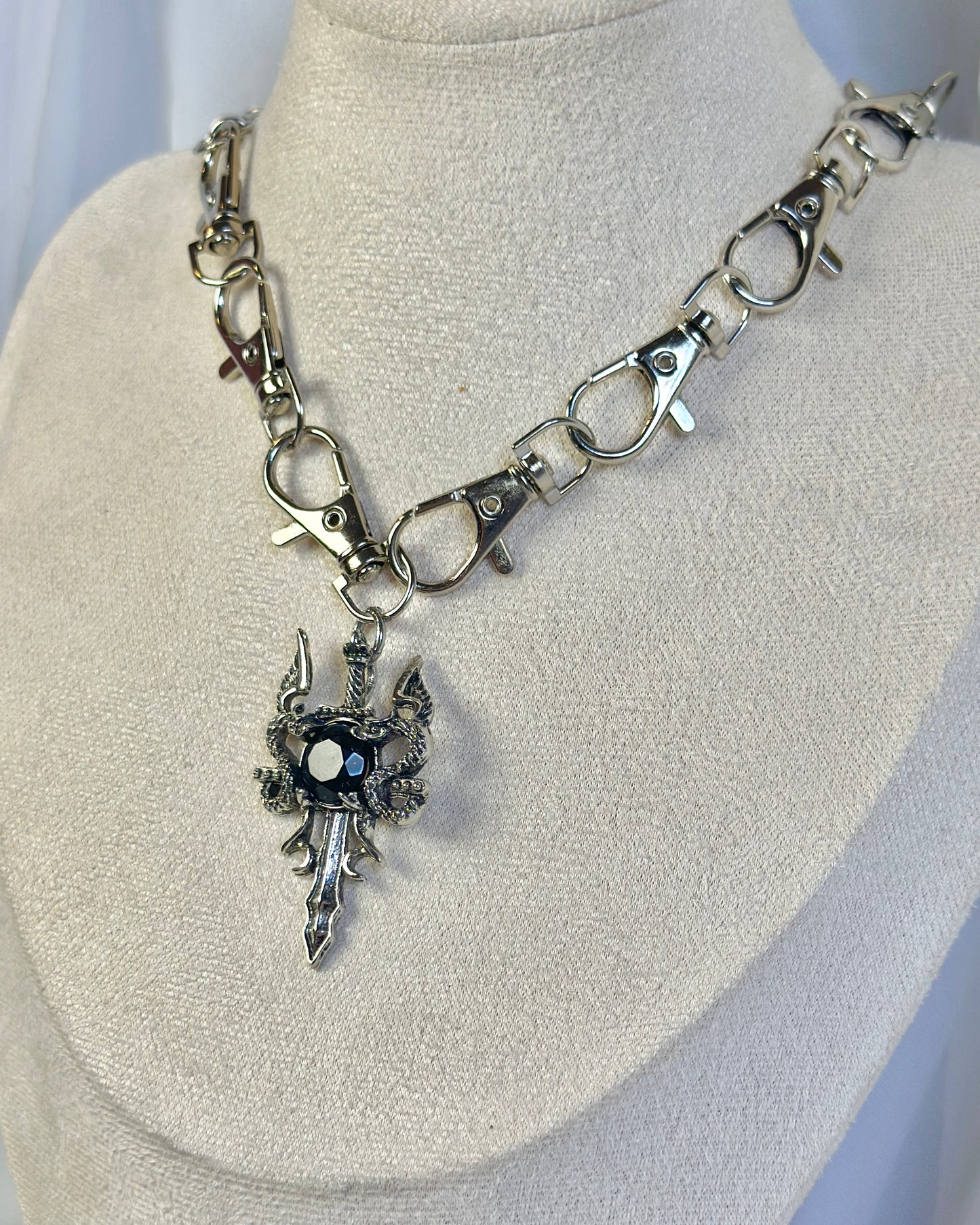 Silver Gothic Metal Clasp Choker Necklace - Dragon Sword