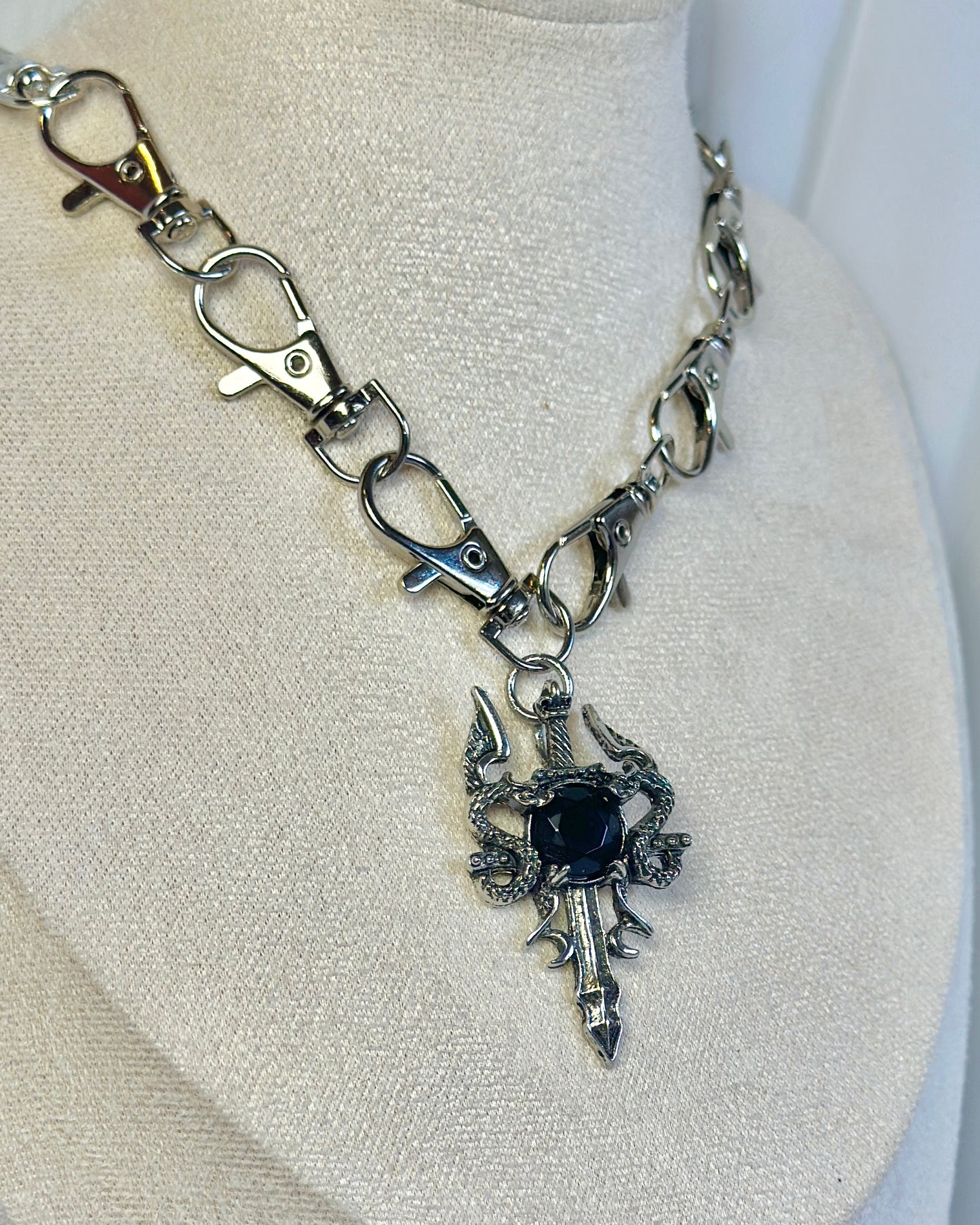 Silver Gothic Metal Clasp Choker Necklace - Dragon Sword