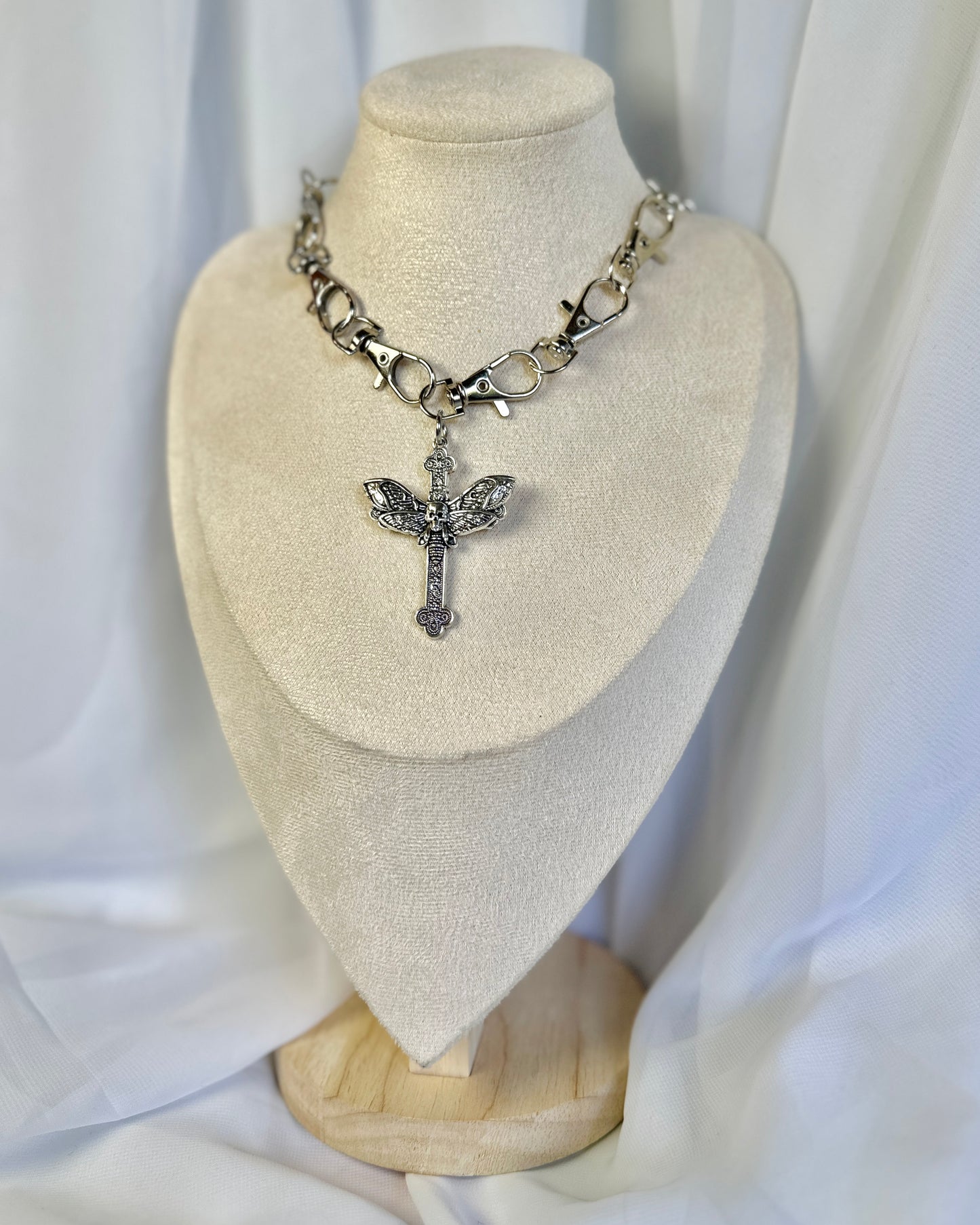 Silver Gothic Metal Clasp Choker Necklace - Death Moth Cross