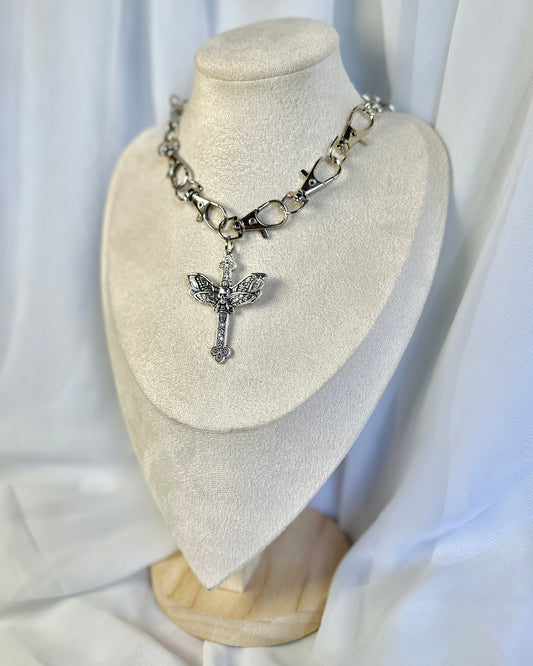 Silver Gothic Metal Clasp Choker Necklace - Death Moth Cross