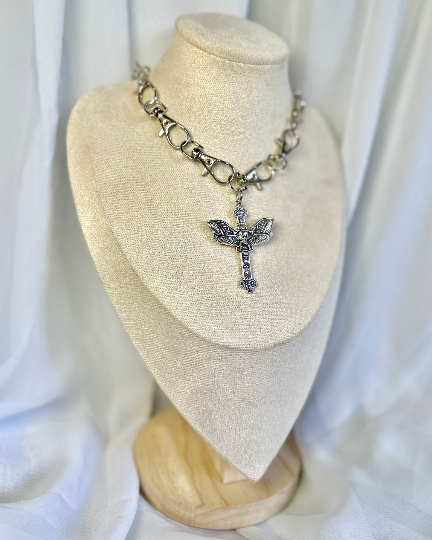 Silver Gothic Metal Clasp Choker Necklace - Death Moth Cross