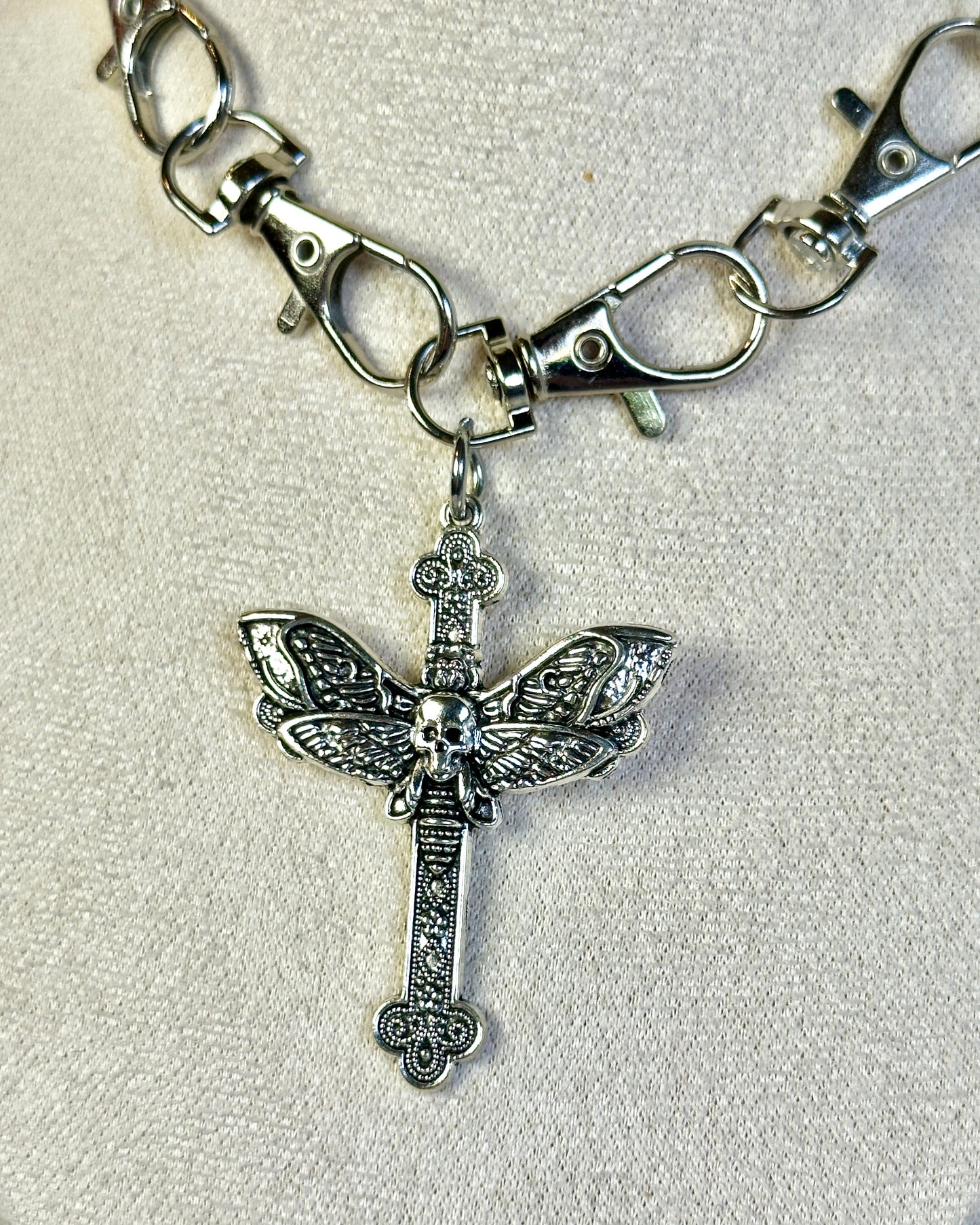 Silver Gothic Metal Clasp Choker Necklace - Death Moth Cross