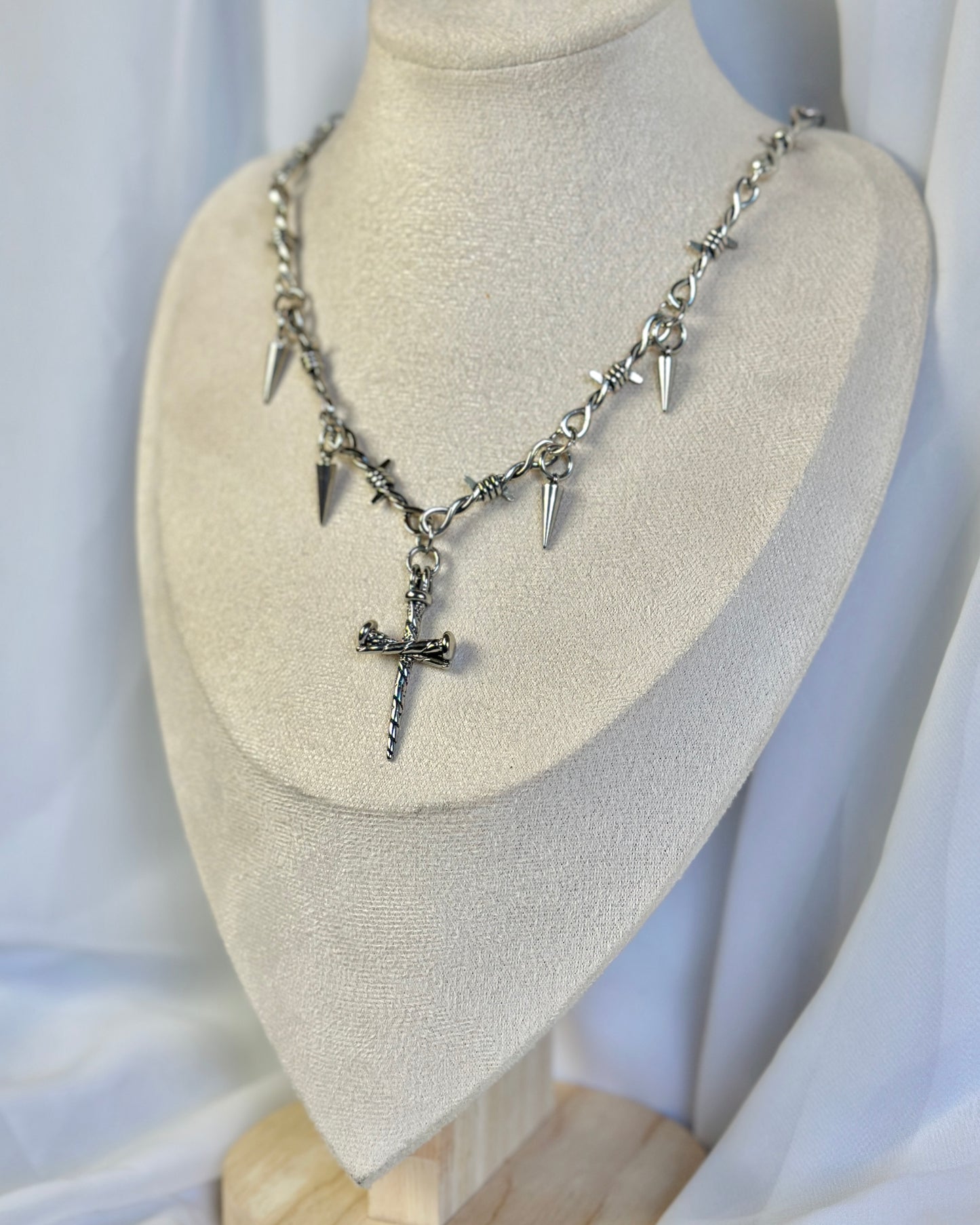Silver Barbed Wire Gothic Cross Neckalce