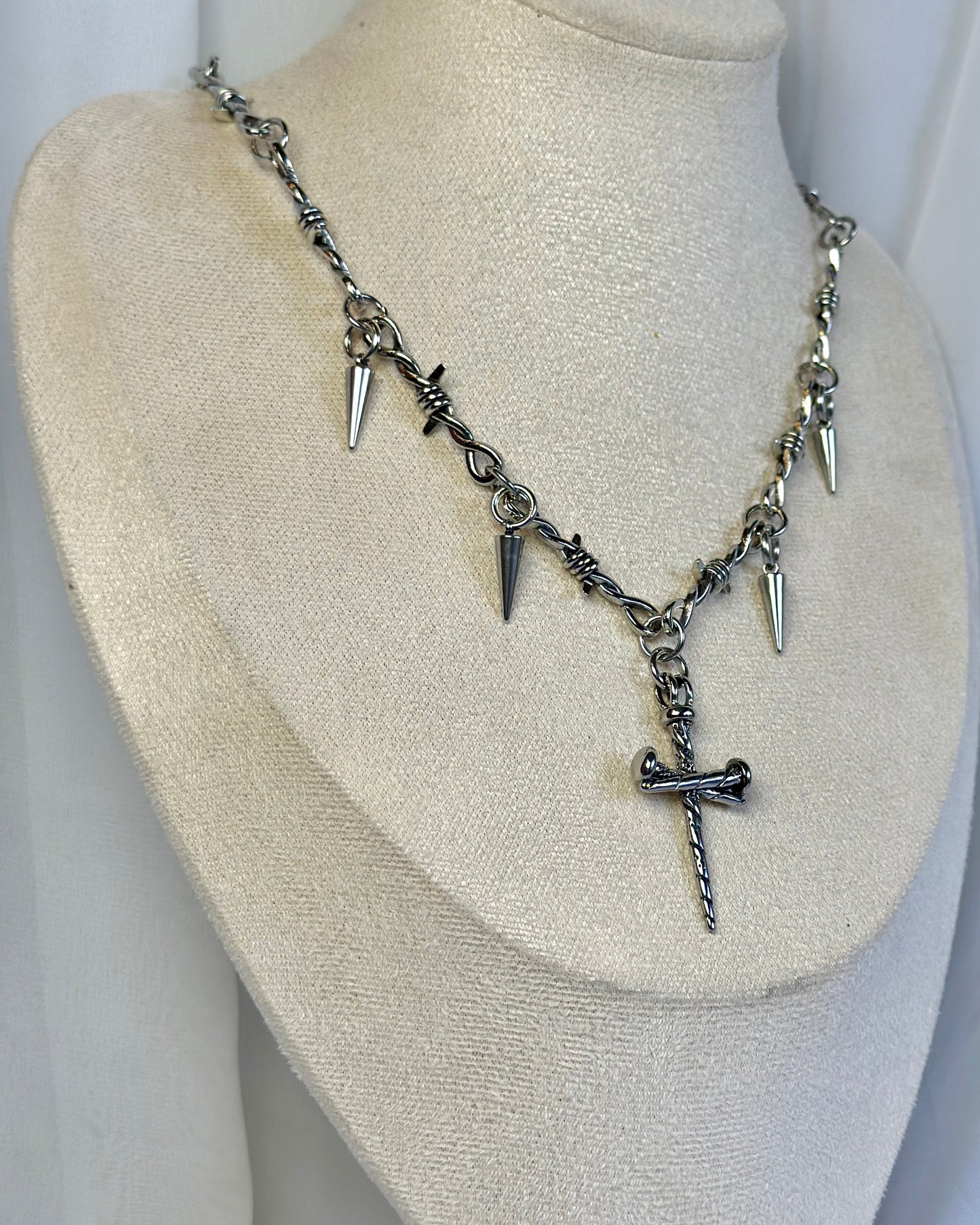 Silver Barbed Wire Gothic Cross Neckalce
