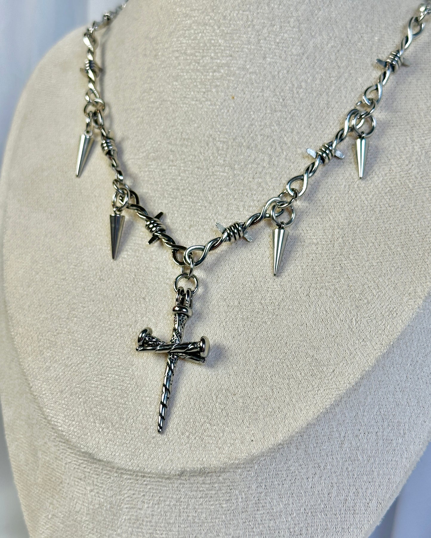 Silver Barbed Wire Gothic Cross Neckalce
