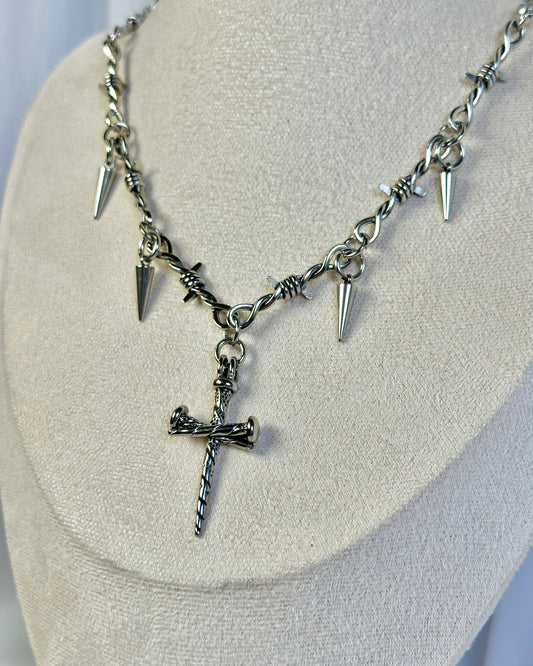 Silver Barbed Wire Gothic Cross Neckalce