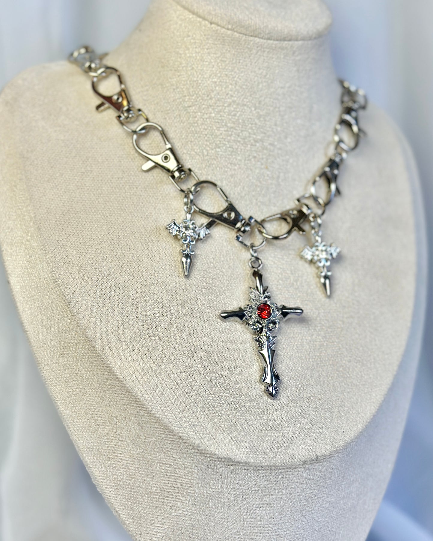 Silver Gothic Metal Clasp Choker Necklace - Swords & Cross