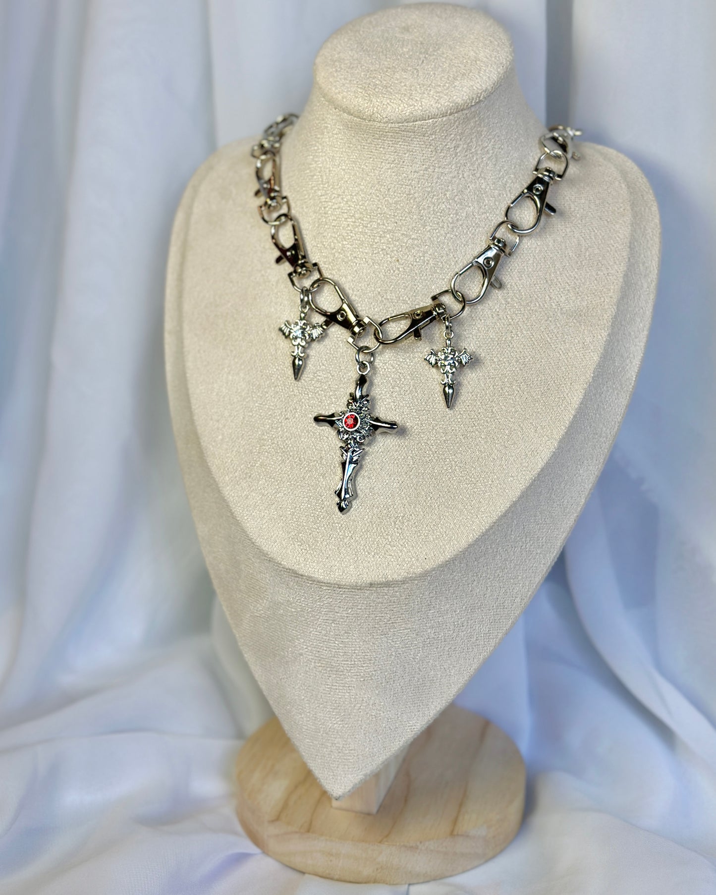 Silver Gothic Metal Clasp Choker Necklace - Swords & Cross