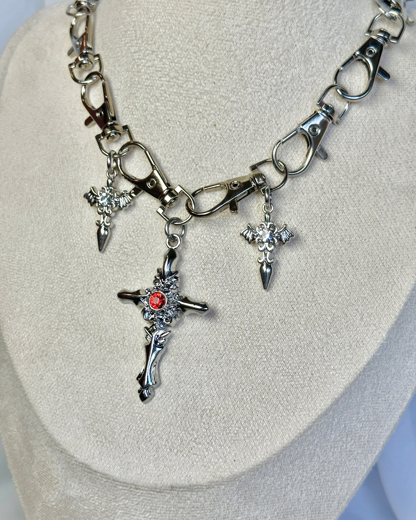 Silver Gothic Metal Clasp Choker Necklace - Swords & Cross