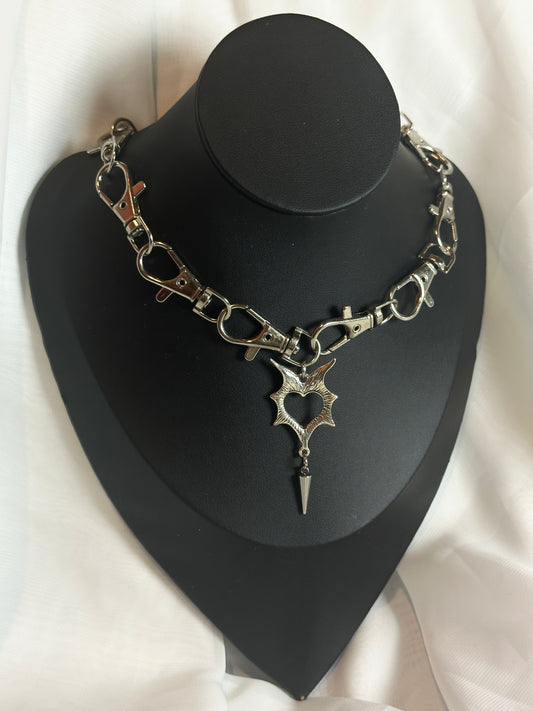 Silver Gothic Metal Clasp Choker Necklace - Bat Wing Heart