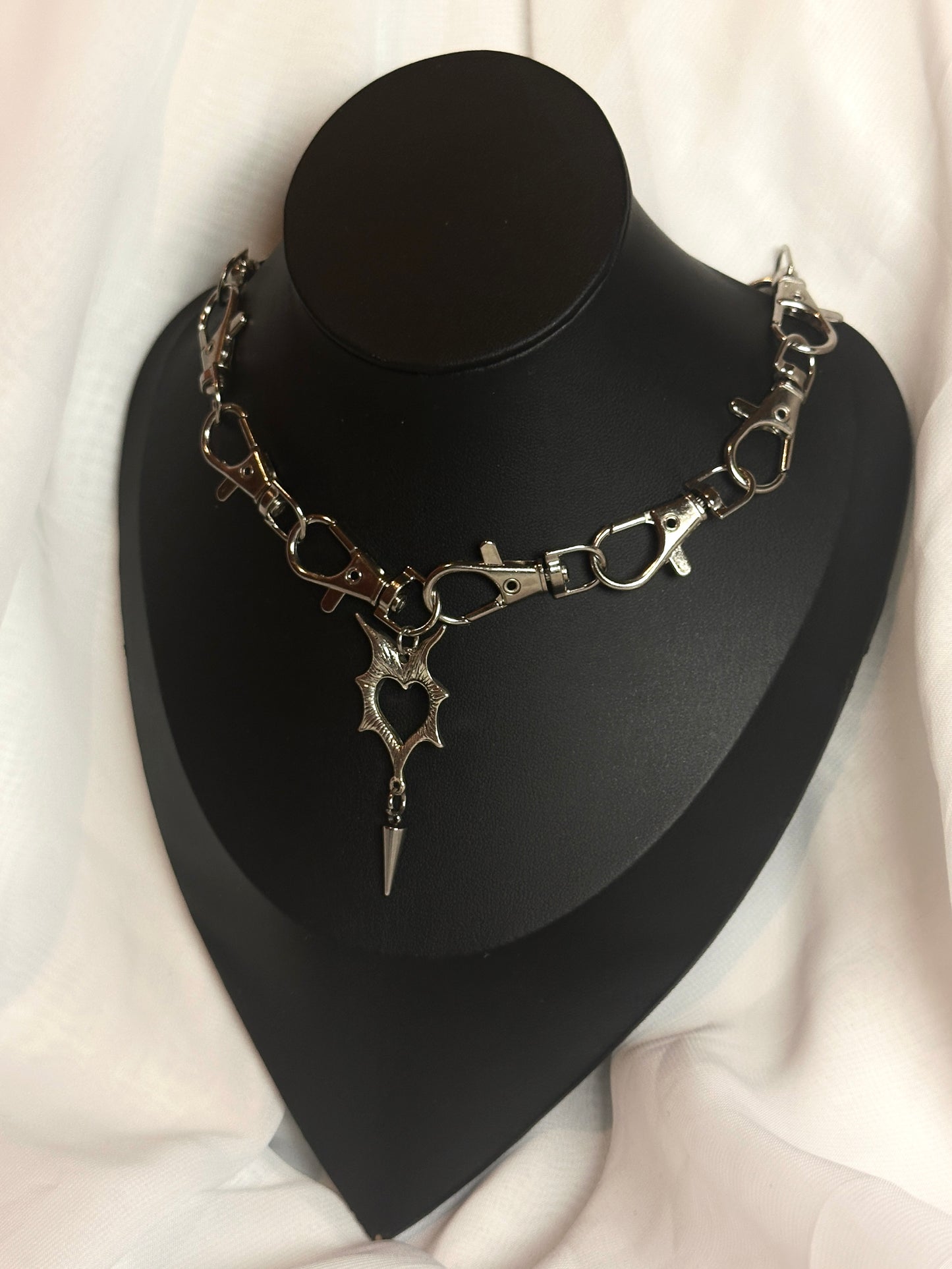 Silver Gothic Metal Clasp Choker Necklace - Bat Wing Heart