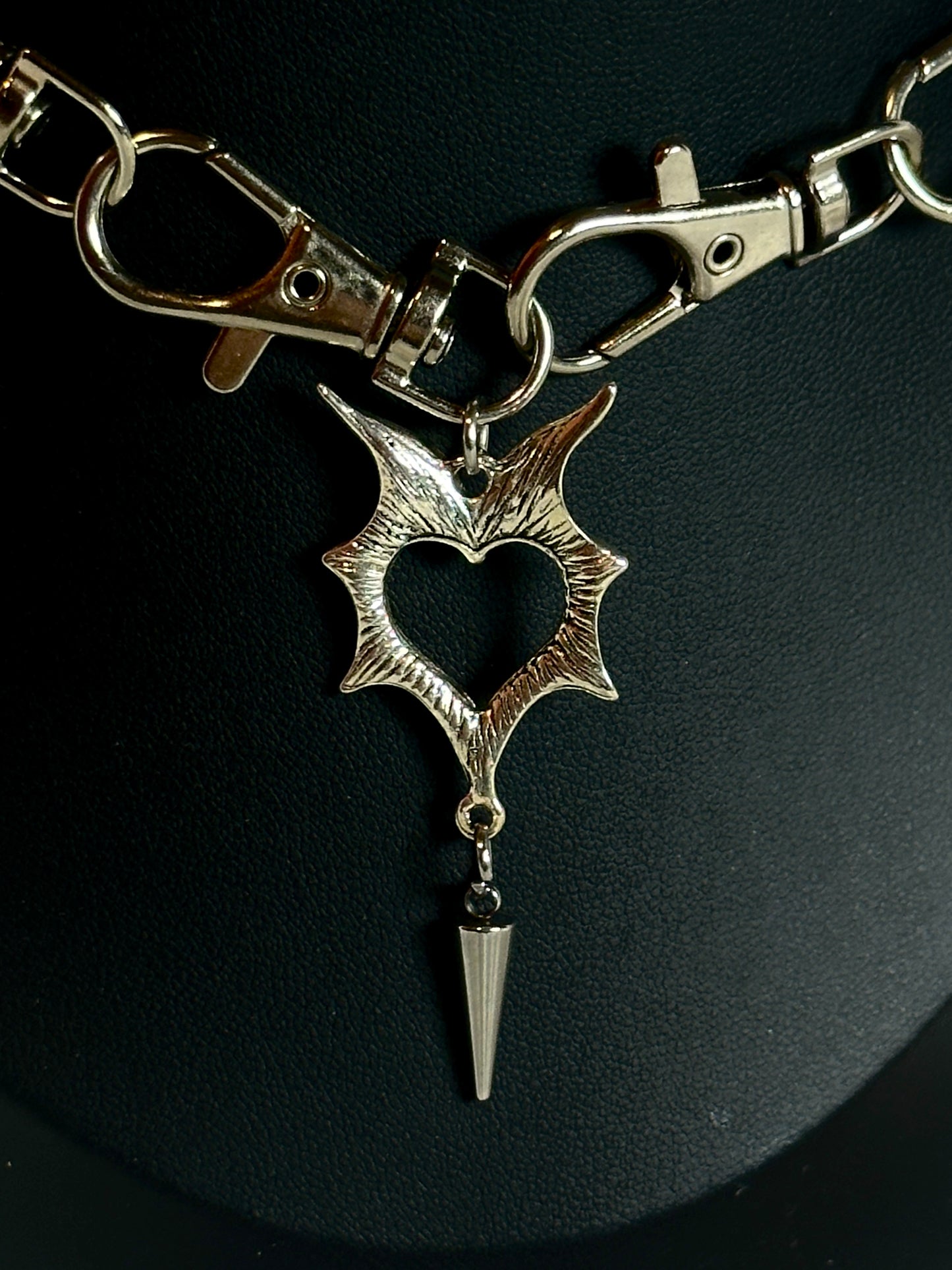 Silver Gothic Metal Clasp Choker Necklace - Bat Wing Heart