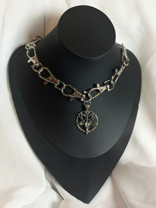 Silver Gothic Metal Clasp Choker Necklace - Baphomet Pentagram