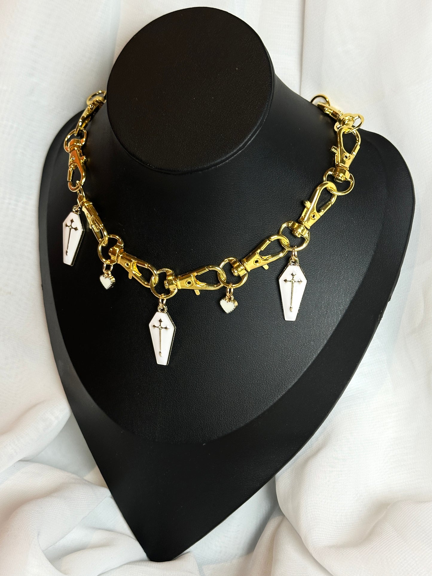 Gold Gothic Metal Clasp Choker Necklace - White Coffin with Hearts