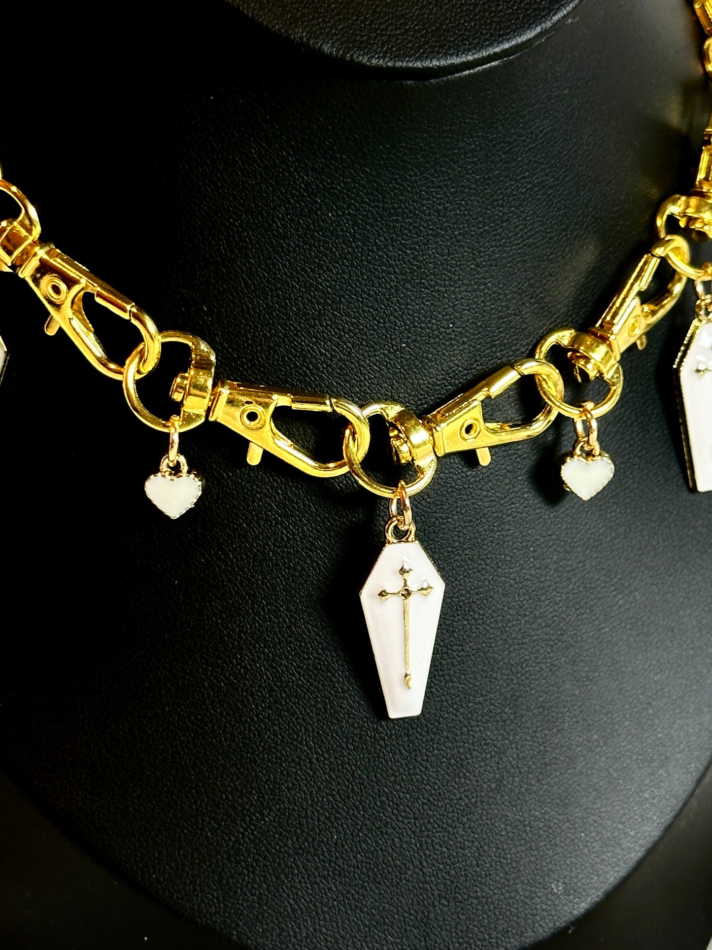 Gold Gothic Metal Clasp Choker Necklace - White Coffin with Hearts