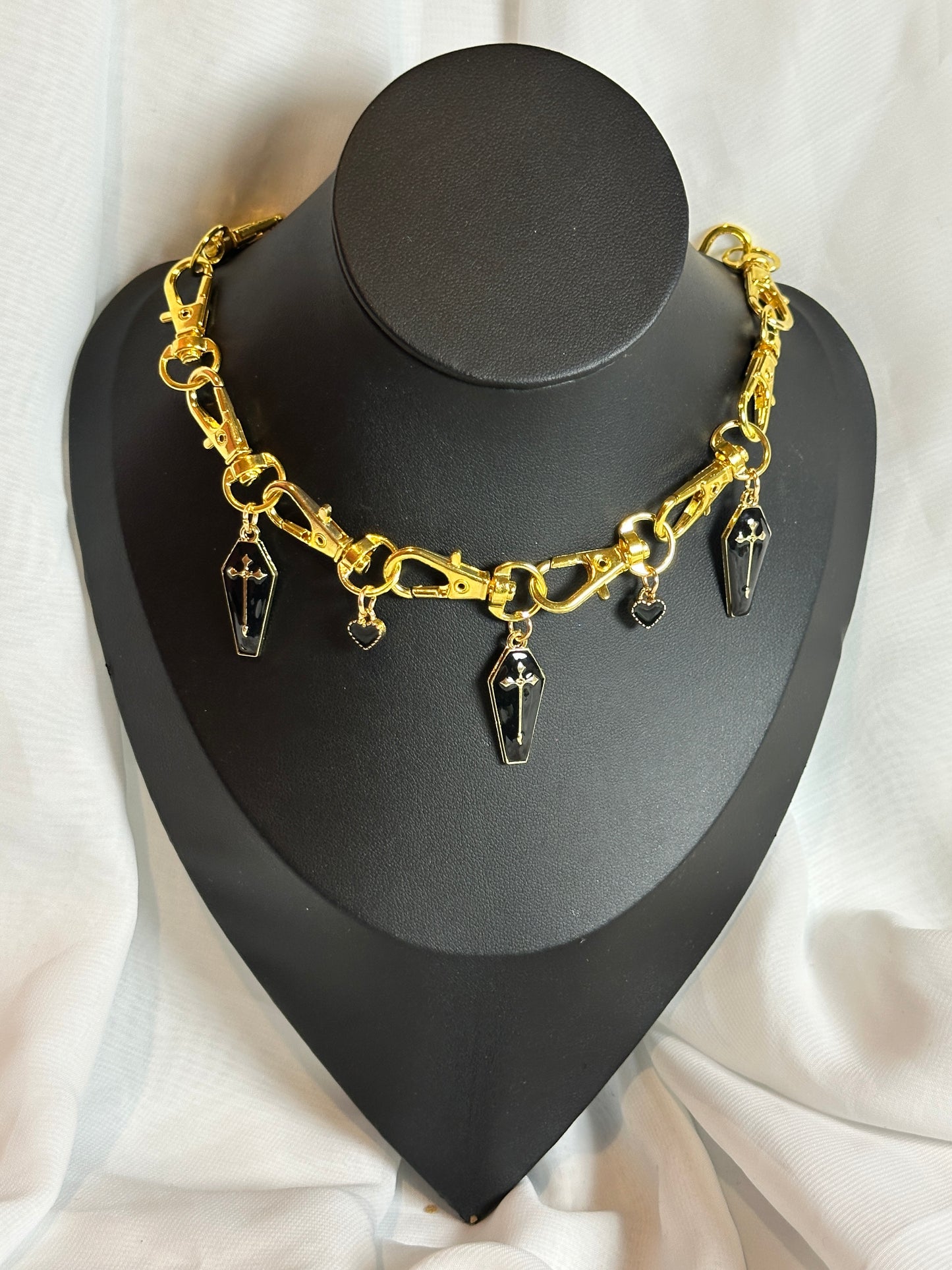 Gold Gothic Metal Clasp Choker Necklace - Black Coffin with Hearts