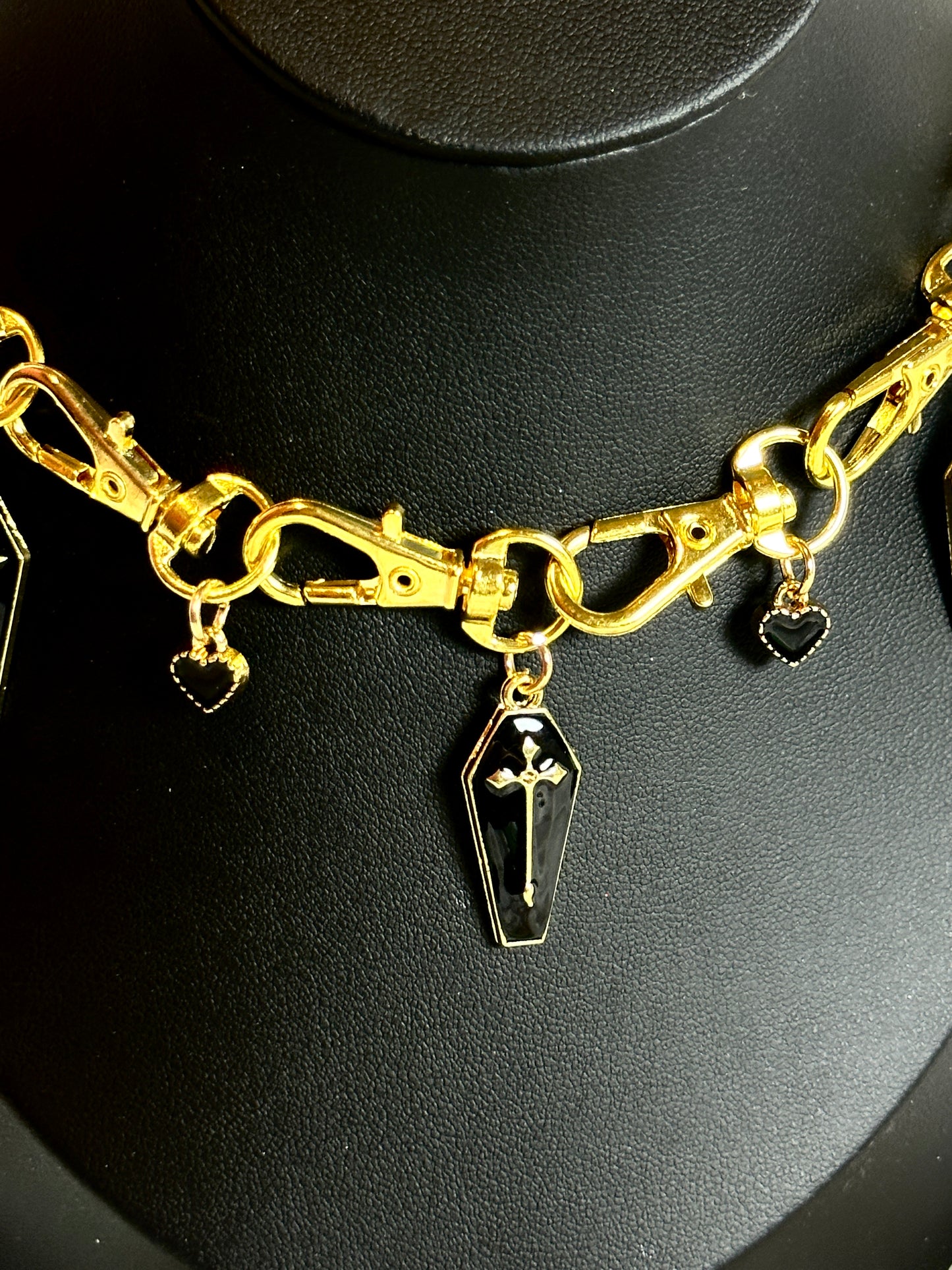 Gold Gothic Metal Clasp Choker Necklace - Black Coffin with Hearts