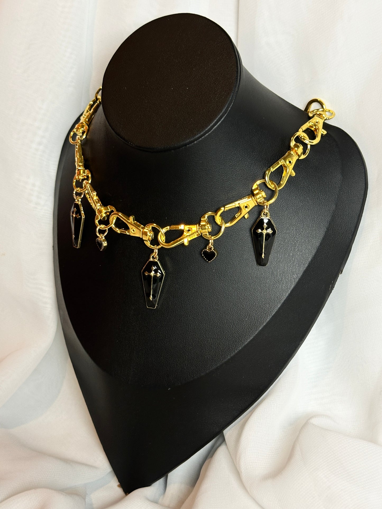 Gold Gothic Metal Clasp Choker Necklace - Black Coffin with Hearts