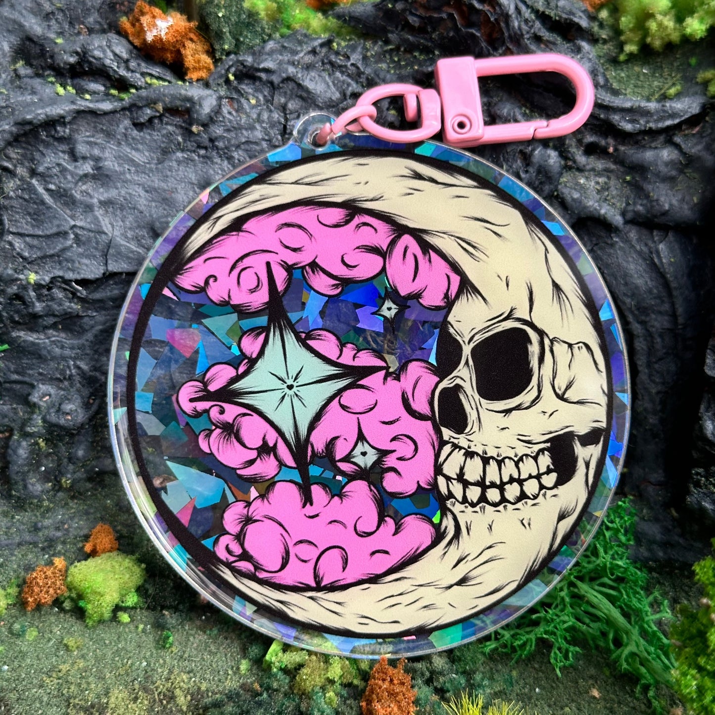 Pastel Skull Moon Holographic Keychain