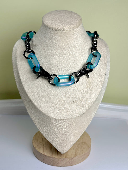 Xtra Chunky Gothic Metal Clasp Choker Necklace - Iridescent Aqua